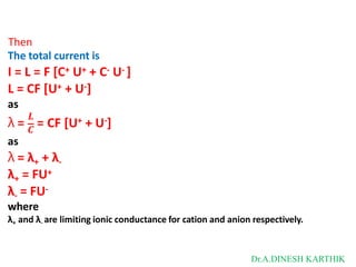 Then
The total current is
I = L = F [C+ U+ + C- U- ]
L = CF [U+ + U-]
as
𝑳 + -
λ = 𝑪
= CF [U + U ]
as
λ = λ+ + λ-
λ+ = FU+
λ- = FU-
where
λ+ and λ- are limiting ionic conductance for cation and anion respectively.
Dr.A.DINESH KARTHIK
 