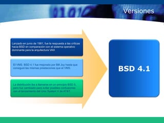 VersionesBSD 4.1Lanzado en junio de 1981, fue la respuesta a las críticas hacia BSD en comparación con el sistema operativo dominante para la arquitectura VAXEl VMS. BSD 4.1 fue mejorado por Bill Joy hasta que consiguió las mismas prestaciones que el VMS. La distribución iba a llamarse en un principio BSD 5, pero fue cambiado para evitar posibles confusiones con el lanzamiento del Unix System V de AT&T.