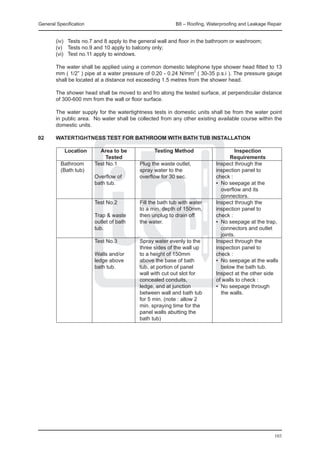 General Specification	                                    B8 – Roofing, Waterproofing and Leakage Repair


	       (iv)	 Tests no.7 and 8 apply to the general wall and floor in the bathroom or washroom;
	       (v)	 Tests no.9 and 10 apply to balcony only;
	       (vi)	 Test no.11 apply to windows.

    	   The water shall be applied using a common domestic telephone type shower head fitted to 13
        mm ( 1/2” ) pipe at a water pressure of 0.20 - 0.24 N/mm2 ( 30-35 p.s.i ). The pressure gauge
        shall be located at a distance not exceeding 1.5 metres from the shower head.

    	   The shower head shall be moved to and fro along the tested surface, at perpendicular distance
        of 300-600 mm from the wall or floor surface.

	       The water supply for the watertightness tests in domestic units shall be from the water point
        in public area. No water shall be collected from any other existing available course within the
        domestic units.

02	     Watertightness test for bathroom with bath tub installation

			 Location	     Area to be 	         Testing Method	               Inspection
			                 Tested		                                       Requirements
		 Bathroom	   Test No.1 	     Plug the waste outlet,	       Inspect through the
		 (Bath tub)		                spray water to the	           inspection panel to
				           Overflow of	    overflow for 30 sec.	         check :
				           bath tub.			                                  ▪	 No seepage at the
								 overflow and its
								 connectors.
				           Test No.2	      Fill the bath tub with water	 Inspect through the
					                          to a min. depth of 150mm,	    inspection panel to
				           Trap & waste	   then unplug to drain off	     check :
				           outlet of bath	 the water.	                   ▪	 No seepage at the trap,
				           tub.				 connectors and outlet
								 joints.
				           Test No.3	      Spray water evenly to the	    Inspect through the
					                          three sides of the wall up	   inspection panel to
				           Walls and/or	   to a height of 150mm	         check :
				           ledge above	    above the base of bath	       ▪	 No seepage at the walls
				           bath tub.	      tub, at portion of panel		 below the bath tub.
					                          wall with cut out slot for	   Inspect at the other side	
  				                         concealed conduits,	          of walls to check :
					                          ledge, and at junction	       ▪	 No seepage through
					                          between wall and bath tub		 the walls.
					                          for 5 min. (note : allow 2
					                          min. spraying time for the
					                          panel walls abutting the
					                          bath tub)	




                                                                                                    103
 