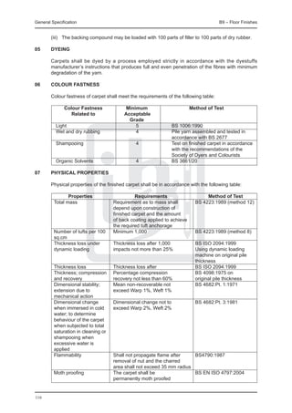 General Specification	                                                                  B9 – Floor Finishes


	       (iii)	 The backing compound may be loaded with 100 parts of filler to 100 parts of dry rubber.

05	     Dyeing

	       Carpets shall be dyed by a process employed strictly in accordance with the dyestuffs
        manufacturer’s instructions that produces full and even penetration of the fibres with minimum
        degradation of the yarn.

06	     Colour fastness

	       Colour fastness of carpet shall meet the requirements of the following table:

			    Colour Fastness	 Minimum	                                          Method of Test
		        Related to	   Acceptable
			                       Grade	
		 Light	                   5	                                   BS 1006:1990
		 Wet and dry rubbing	     4	                                   Pile yarn assembled and tested in
					                                                            accordance with BS 2677
		 Shampooing	              4	                                   Test on finished carpet in accordance
					                                                            with the recommendations of the
					                                                            Society of Dyers and Colourists
		 Organic Solvents	        4	                                   BS 3661/20

07	     Physical properties

	       Physical properties of the finished carpet shall be in accordance with the following table:

			       Properties	                  Requirements	                             Method of Test
		 Total mass		              Requirement as to mass shall	                  BS 4223:1989 (method 12)
				                         depend upon construction of	
				                         finished carpet and the amount
				                         of back coating applied to achieve
				                         the required tuft anchorage
		 Number of tufts per 100	 Minimum 1,000	                                  BS 4223:1989 (method 8)
		 sq.cm
		 Thickness loss under	     Thickness loss after 1,000	                    BS ISO 2094:1999
		 dynamic loading	          impacts not more than 25%	                     Using dynamic loading
						                                                                      machine on original pile
						                                                                      thickness
		 Thickness loss	           Thickness loss after	                          BS ISO 2094:1999
		 Thickness; compression 	 Percentage compression	                         BS 4098:1975 on
		 and recovery	             recovery not less than 60%	                    original pile thickness
		 Dimensional stability;	   Mean non-recoverable not	                      BS 4682:Pt. 1:1971
		 extension due to 	        exceed Warp 1%, Weft 1%
		 mechanical action
	 	Dimensional change	       Dimensional change not to	                     BS 4682:Pt. 3:1981
		 when immersed in cold	    exceed Warp 2%, Weft 2%
		 water; to determine
		 behaviour of the carpet
		 when subjected to total
		 saturation in cleaning or
		 shampooing when
		 excessive water is
		 applied
		 Flammability	             Shall not propagate flame after	               BS4790:1987
				                         removal of nut and the charred
				                         area shall not exceed 35 mm radius
		 Moth proofing	            The carpet shall be	                           BS EN ISO 4797:2004
				                         permanently moth proofed


116
 