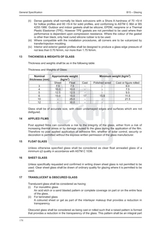General Specification	                                                                      B15 – Glazing


	       (ii) 	 Dense gaskets shall normally be black extrusions with a Shore A hardness of 70 +5/-4
                for hollow profiles and 60 +5/-4 for solid profiles, and conforming to ASTM C 864 or BS
                4255:1986. Outdoor and indoor gaskets shall be silicone, EPDM, neoprene or a Thermal
                Plastic Elastomer (TPE). However TPE gaskets are not permitted to be used where their
                performance is dependent upon compression resistance. Where the colour of the gasket
                is other than black, only heat cured silicone rubber is to be used.
	       (iii) 	 Where compatible with the installation procedures, all corners are to be vulcanized by
                transfer/injection moulding.
	       (iv) 	 Interior and exterior gasket profiles shall be designed to produce a glass edge pressure of
                not less than 0.70 N/mm, nor more than 1.75 N/mm.

13	     Thickness & weights of glass

	       Thickness and weights shall be as in the following table:

	       Thickness and Weights of Glass:

		     Nominal	    Approximate weight	                               Minimum weight (kg/m2)
		 thickness (mm)	        (kg/m2)
			                 Sheet	       Float	               Cast	     Polished wired	    Cast or figure rolled
		        3	          7.5	         7.5	                 -	             -	                   6.0
		        4	         10.0	        10.0	                 -	             -	                   7.5
		        5	         12.5	        12.5	                 -	             -	                   9.5
		        6	         15.0	        15.0	                17	           15.9	                 11.5
		       10	           -	         25.0	                 -	             -	                  21.5
		       12	           -	         30.0	                 -	             -	                    -

	       Glass shall be of accurate size, with clean undamaged edges and surfaces which are not
        disfigured.

14	     Applied films

	       Post applied films can constitute a risk to the integrity of the glass, either from a risk of
        increasing thermal stress or by damage caused to the glass during the application of the film.
        Therefore no post applied application of adhesive film, whether of solar control, security or
        decoration is permitted without the express written permission of the glass manufacturer.

15	     Float glass

	       Unless otherwise specified glass shall be considered as clear float annealed glass of a
        minimum q3 quality in accordance with ASTM C 1036.

16	     Sheet glass

	       Unless specifically requested and confirmed in writing drawn sheet glass is not permitted to be
        used. Clear sheet glass shall be drawn of ordinary quality for glazing where it is permitted to be
        used.

17	     Translucent & obscured glass

	 Translucent glass shall be considered as having:
	 (i) 	 For monolithic glass
		       An acid etch or a sand blasted pattern or complete coverage on part or on the entire face
         of the glass.
	 (ii) 	 For laminated glass
		       A coloured sheet or gel as part of the interlayer makeup that provides a reduction in
         transparency.
	
	 Obscured glass shall be considered as being cast or rolled such that a raised pattern is formed
  that provides a reduction in the transparency of the glass. This pattern shall be an integral part

170
 