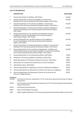 General Specification for Building Maintenance Works in Residential Buildings	            List of References


LIST OF REFERENCES

	      DESCRIPTION	                                                                          PUBLISHER

1	     General Specification for Building, 2007 Edition	                                        ArchSD
2	     General Specification for Electrical Installation in Government	                         ArchSD
	      Buildings of the Hong Kong Special Administrative Region, 2007 Edition
3	     General Specification for Fire Service Installation in Government 	                      ArchSD
	      Buildings of the Hong Kong Special Administrative Region, 2007 Edition
4	     General Specification for Swimming Pool Water Treatment Installation in 	                ArchSD
	      Government Buildings of the Hong Kong Special Administrative Region,
	      2007 Edition
5	     General Specification for Lift, Escalator and Passenger Conveyor 	                       ArchSD
	      Installation in Government Buildings of the Hong Kong Special
	      Administrative Region, 2007 Edition
6	     General Specification for Liquefied Petroleum Gas Installation in 	                      ArchSD
	      Government Buildings of the Hong Kong Special Administrative
	      Region, 2007 Edition
7	     General Specification for Broadcast Reception Installation in Government 	               ArchSD
	      Buildings of the Hong Kong Special Administrative Region, 2007 Edition
8	     General Specification for Air-conditioning, Refrigeration, Ventilation and 	             ArchSD
	      Central Monitoring and Control System Installation in Government Buildings
	      of the Hong Kong Special Administrative Region, 2007 Edition
9	     General Specification for Civil Engineering Works, 2006 Edition	                          CEDD
10	    Handbook on Plumbing Installation for Buildings, 2006 Edition	                            WSD
11	    Model Specification for Protective Coatings for Concrete, 1994 Edition	                   CEDD
12	    Specification for Comprehensive Maintenance of Lifts & Escalators	                        MTRC
13	    Specification Library, 2004 Edition	                                                      HKHA
14	    Technical Specification for Maintenance Contract of Electrical Installations	             MTRC
15	    Technical Specification for Maintenance Contract of Fire Services Installations	          MTRC
16	    Technical Specification for Maintenance Contract for the Security and 	                   MTRC
	      Extra Low Voltage Systems

Publishers:
ArchSD	 –	 Architectural Services Department of The Hong Kong Special Administrative Region
            Government
CEDD	     –	 Civil Engineering and Development Department of The Hong Kong Special Administrative
             Region Government
HKHA	     –	 Hong Kong Housing Authority
MTRC	     –	 Mass Transit Railway Corporation
WSD	      –	 Water Supplies Department of The Hong Kong Special Administrative Region Government




                                                                                                        319
 