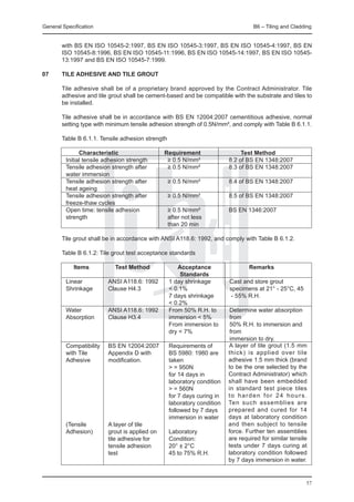 General Specification	                                                           B6 – Tiling and Cladding


        with BS EN ISO 10545-2:1997, BS EN ISO 10545-3:1997, BS EN ISO 10545-4:1997, BS EN
        ISO 10545-8:1996, BS EN ISO 10545-11:1996, BS EN ISO 10545-14:1997, BS EN ISO 10545-
        13:1997 and BS EN ISO 10545-7:1999.

07	     TILE ADHESIVE AND TILE GROUT

	       Tile adhesive shall be of a proprietary brand approved by the Contract Administrator. Tile
        adhesive and tile grout shall be cement-based and be compatible with the substrate and tiles to
        be installed.

	       Tile adhesive shall be in accordance with BS EN 12004:2007 cementitious adhesive, normal
        setting type with minimum tensile adhesion strength of 0.5N/mm², and comply with Table B 6.1.1.
	
	       Table B 6.1.1. Tensile adhesion strength

		       Characteristic	                       Requirement	                 Test Method
	  Initial tensile adhesion strength	           ≥ 0.5 N/mm²	           8.2 of BS EN 1348:2007
	  Tensile adhesion strength after	             ≥ 0.5 N/mm²	           8.3 of BS EN 1348:2007
	  water immersion	
	  Tensile adhesion strength after	                ≥ 0.5 N/mm²	        8.4 of BS EN 1348:2007
	  heat ageing		
	  Tensile adhesion strength after	                ≥ 0.5 N/mm² 	       8.5 of BS EN 1348:2007
	  freeze-thaw cycles	
	  Open time: tensile adhesion	                    ≥ 0.5 N/mm²	        BS EN 1346:2007
	  strength		                                      after not less
				                                               than 20 min

	       Tile grout shall be in accordance with ANSI A118.6: 1992, and comply with Table B 6.1.2.

	       Table B 6.1.2: Tile grout test acceptance standards

			   Items	          Test Method	         Acceptance	                         Remarks
					                                       Standards	
		 Linear	        ANSI A118.6: 1992	 1 day shrinkage	                  Cast and store grout
		 Shrinkage	     Clause H4.3	         < 0.1%		                        specimens at 21° - 25°C, 45
					                                  7 days shrinkage	                - 55% R.H.
					                                  < 0.2%
		 Water	         ANSI A118.6: 1992	 From 50% R.H. to	                  Determine water absorption
		 Absorption	    Clause H3.4	         immersion < 5%	                  from
					                                  From immersion to 	              50% R.H. to immersion and
					                                  dry < 7%		                       from
							                                                                 immersion to dry.
		 Compatibility	 BS EN 12004:2007	 Requirements of                    A layer of tile grout (1.5 mm
		 with Tile	     Appendix D with	     BS 5980: 1980 are               thick) is applied over tile
		 Adhesive	      modification.	       taken                           adhesive 1.5 mm thick (brand
					                                  > = 950N                        to be the one selected by the
					                                  for 14 days in                  Contract Administrator) which
					                                  laboratory condition            shall have been embedded
					                                  > = 560N                        in standard test piece tiles
					                                  for 7 days curing in            to harden for 24 hours.
					                                  laboratory condition            Ten such assemblies are
					                                  followed by 7 days              prepared and cured for 14
					                                  immersion in water              days at laboratory condition
		 (Tensile	      A layer of tile                                      and then subject to tensile
		 Adhesion)	     grout is applied on	 Laboratory 	                    force. Further ten assemblies
				              tile adhesive for	   Condition:                      are required for similar tensile
				              tensile adhesion	    20° ± 2°C                       tests under 7 days curing at
				              test	                45 to 75% R.H.	                 laboratory condition followed
                                                                       by 7 days immersion in water.


                                                                                                      57
 