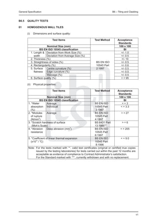 General Specification	                                                          B6 – Tiling and Cladding


B6.5	Quality Tests

01	     Homogenous Wall Tiles

	  (i) 	 Dimensions and surface quality:
	
		                     Test Items	                 Test Method	                     Acceptance
				                                                                                 Standards
		                 Nominal Size (mm)		                                               100 x 100
		            BS EN ISO 10545 classification		                                           BI
		 1. Length &	 Deviation from Work Size (%)		                                         +/- 1.0
		       width		   Deviation from Average Size (%)		                                   +/- 0.5
		 2. Thickness (%)			                                                                 +/- 10
		 3. Straightness of sides (%)	                    BS EN ISO	                         +/- 0.5
		 4. Rectangularity (%)		                          10545 Part	                        +/- 0.6
		 5. Surface 		   Centre curvature (%)	            2:1997	                            +/- 0.5
				 flatness		    Edge curvature (%)		                                                +/- 0.5
						             Warpage (%)		                                                       +/- 0.5
		 6. Surface quality (%)		                                                            = > 95

	       (ii) 	 Physical properties:

		                         Test Items	                          Test Method	         Acceptance
				                                                                                  Standards
		                   Nominal Size (mm)		                                               100 x 100
		            BS EN ISO 10545 classification		                                             BI
	   1. *Water 		     Average	                                   BS EN ISO	               <=3
		 absorption 	 Individual 	                                    10545 Part	             < = 3.3
		 (%) 	        				                                             3:1997
	   2. *Modules	 Average 	                                      BS EN ISO	              > = 27
		 of rupture				                                               10545 Part
		 (N/mm2) 				                                                 4:1997	
	   3. *Scratch hardness of surface 	                           BS 6431 Part 	           >=6
			(Moh’s Scale) 			                                            13:1986**
	   4. *Abrasion	 Deep abrasion (mm3)	                          BS EN ISO	              < = 205
		 resistance	 			                                              10545 Part
  								                                                      6:1997	
	   5. *Coefficient of linear thermal expansion 	               BS EN ISO	              < = 9.0
		 (x10-6 / oC)				                                             10545 Part
  								                                                       8:1996	
	   Note: 	For the tests marked with ‘*’, valid test certificates (original or certified true copies
           issued by the testing laboratories) for tests carried out within the past 12 months are
           acceptable as evidence of compliance to Contract Administrator’s satisfaction.
		         For the Standard marked with ‘**’, currently withdrawn and with no replacement.




                                                                                                       65
 