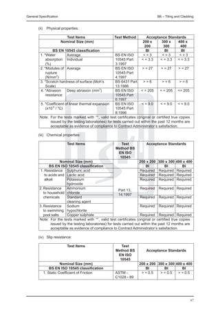 General Specification	                                                         B6 – Tiling and Cladding


	       (ii) 	 Physical properties:

		                  Test Items	                    Test Method 	       Acceptance Standards
		               Nominal Size (mm)		                                 200 x	      300 x	     400 x	
   			                                                                200	        300	        400
		          BS EN 10545 classification		                               BI	          BI	       BI
	   1.	*Water		     Average		                       BS EN ISO	       <=3	        <=3	        <=3
			 absorption	 Individual 		                       10545 Part	     < = 3.3 	 < = 3.3 	 < = 3.3
			 (%) 	 					                                     3:1997
	   2.	*Modules of	 Average		                       BS EN ISO	       > = 27 	    > = 27 	 > = 27
			 rupture 					                                   10545 Part
			 (N/mm2) 					                                   4:1997	
	   3. *Scratch hardness of surface (Moh’s		        BS 6431 Part	 > = 6	         > = 6	      >=6
			 Scale) 	 					                                  13:1986	
		 4. *Abrasion	 Deep abrasion (mm3)		              BS EN ISO	      < = 205 	 < = 205	 <= 205	
   		 resistance					                               10545 Part
											                                         6:1997
		 5. *Coefficient of linear thermal expansion	 BS EN ISO	          < = 9.0	    < = 9.0	 < = 9.0	
   		 (x10-6 / oC)					                             10545 Part
											                                         8:1996 	
	  Note: 	For the tests marked with ‘*’, valid test certificates (original or certified true copies
          issued by the testing laboratories) for tests carried out within the past 12 months are
          acceptable as evidence of compliance to Contract Administrator’s satisfaction.

	       (iii) 	 Chemical properties:

		                   Test Items	                         Test	          Acceptance Standards
			                                                  Method BS
			                                                    EN ISO
			                                                     10545	
		              Nominal Size (mm)		                                 200 x 200	 300 x 300	400 x 400
		        BS EN ISO 10545 classification		                              BI	          BI	        BI
	   1.	Resistance		  Sulphuric acid 				                            Required 	 Required 	 Required	
   	 to acids and	 Lactic acid				                                  Required 	 Required 	 Required
			 alkali		         Potassium		                     		             Required 	 Required 	 Required
			 				             hydroxide
	   2.	Resistance 	 Ammonium		                                 		   Required 	 Required 	 Required
                                                      Part 13,
			 to household	 chloride 		                         14:1997
			 chemicals	       Standard 				                                  Required 	 Required 	 Required
							              cleaning agent	
	   3.	Resistance 	 Sodium				                                      Required 	 Required 	 Required
			 to swimming 	 hypochlorite				
			 pool salts 	     Copper sulphate				                            Required 	 Required 	 Required
	   Note: 	For the tests marked with ‘*’, valid test certificates (original or certified true copies
           issued by the testing laboratories) for tests carried out within the past 12 months are
           acceptable as evidence of compliance to Contract Administrator’s satisfaction.

	       (iv) 	 Slip resistance:

		                  Test Items	             Test
			                                      Method BS	     Acceptance Standards
			                                        EN ISO
			                                        10545	
		             Nominal Size (mm)		                  200 x 200	 300 x 300	400 x 400
		      BS EN ISO 10545 classification		               BI	        BI	       BI
			 1. Static Coefficient of Friction 		 ASTM - 		   > = 0.5	   > = 0.5	 > = 0.5
											                              C1028 - 89
	




                                                                                                    67
 