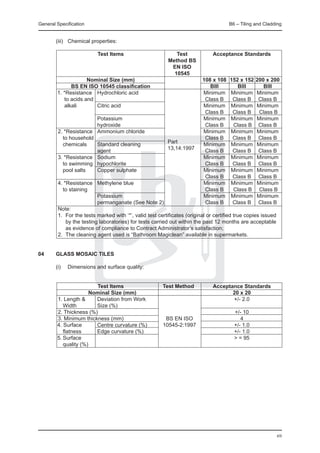 General Specification	                                                           B6 – Tiling and Cladding


	       (iii) 	 Chemical properties:

		                   Test Items	                          Test 	           Acceptance Standards
			                                                   Method BS
			                                                      EN ISO
			                                                      10545	
		              Nominal Size (mm)		                                   108 x 108 	152 x 152 	 00 x 200
                                                                                               2
		       BS EN ISO 10545 classification		                                 BIII 	        BIII 	     BIII
	  1. *Resistance	 Hydrochloric acid				                              Minimum	 Minimum 	 Minimum
			 to acids and							                                                Class B	 Class B	 Class B
			 alkali 	 	       Citric acid				                                  Minimum	 Minimum	 Minimum
													                                                          Class B	 Class B	 Class B
							              Potassium				                                    Minimum	 Minimum	 Minimum
							              hydroxide	                			                     Class B	      Class B	 Class B
		 2. *Resistance	 Ammonium chloride				                              Minimum	 Minimum	 Minimum
			 to household							                                                Class B	 Class B	 Class B
                                                      Part		
			 chemicals	       Standard cleaning		                              Minimum	 Minimum	 Minimum
                                                      13,14:1997	
							              agent			                                          Class B	 Class B	 Class B
		 3. *Resistance	 Sodium 				                                        Minimum	 Minimum	 Minimum
			 to swimming	 hypochlorite				                                      Class B	 Class B	 Class B
			 pool salts 	     Copper sulphate 				                             Minimum	 Minimum	 Minimum
													                                                          Class B	 Class B	 Class B
		 4. *Resistance 	 Methylene blue				                                Minimum	 Minimum	 Minimum
		 	 to staining		 					                                               Class B	      Class B	 Class B
		 					             Potassium				                                    Minimum	 Minimum	 Minimum
							              permanganate (See Note 2) 			                     Class B	 Class B	 Class B
	  Note:
	  1.	 For the tests marked with ‘*’, valid test certificates (original or certified true copies issued
       by the testing laboratories) for tests carried out within the past 12 months are acceptable
       as evidence of compliance to Contract Administrator’s satisfaction;
	  2.	 The cleaning agent used is “Bathroom Magiclean” available in supermarkets.


04	     GLASS MOSAIC TILES

	       (i) 	 Dimensions and surface quality:


		                 Test Items	            Test Method 	 Acceptance Standards
		              Nominal Size (mm)			                           20 x 20
		 1. Length &	    Deviation from Work					                    +/- 2.0
			 Width	 	       Size (%)					
		 2. Thickness (%) 							                                     +/- 10
		 3. Minimum thickness (mm) 		            BS EN ISO 		           4
	  4. Surface		    Centre curvature (%)		 10545-2:1997		       +/- 1.0
			 flatness		     Edge curvature (%)					                     +/- 1.0
	  5.	Surface									                                         > = 95
			 quality (%)		




                                                                                                      69
 