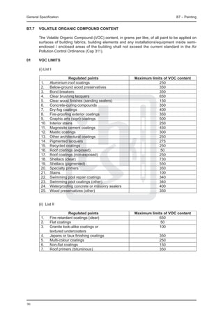 General Specification	                                                                    B7 – Painting


B7.7	 VOLATILE ORGANIC COMPOUND CONTENT

	       The Volatile Organic Compound (VOC) content, in grams per litre, of all paint to be applied on
        surfaces of building fabrics, building elements and any installations/equipment inside semi-
        enclosed / enclosed areas of the building shall not exceed the current standard in the Air
        Pollution Control Ordinance (Cap 311).

01	     VOC LIMITS

	       (i) List I	

		                           Regulated paints			                Maximum limits of VOC content
	  1.	          Aluminium roof coatings	                                    250
	  2.	          Below-ground wood preservatives 	                           350
	  3.	          Bond breakers	                                              350
	  4.	          Clear brushing lacquers 	                                   650
	  5.	          Clear wood finishes (sanding sealers)	                      150
	  6.	          Concrete-curing compounds 	                                 350
	  7.	          Dry-fog coatings 	                                          400
	  8.	          Fire-proofing exterior coatings 	                           350
	  9.	          Graphic arts (sign) coatings 	                              500
	  10.	         Interior stains 	                                           250
	  11.	         Magnesite cement coatings 	                                 450
	  12.	         Mastic coatings 	                                           300
	  13.	         Other architectural coatings 	                              250
	  14.	         Pigmented lacquers 	                                        275
	  15.	         Recycled coatings	                                          250
	  16.	         Roof coatings (exposed)	                                     50
	  17.	         Roof coatings (non-exposed) 	                               250
	  18.	         Shellacs (clear) 	                                          730
	  19.	         Shellacs (pigmented) 	                                      550
	  20.	         Specialty primers 	                                         350
	  21.	         Stains 	                                                    100
	  22.	         Swimming pool repair coatings 	                             340
	  23.	         Swimming pool coatings (other) 	                            340
	  24.	         Waterproofing concrete or masonry sealers 	                 400
	  25.	         Wood preservatives (other)	                                 350


	       (ii) List II	

		                          Regulated paints			                 Maximum limits of VOC content
	  1.	          Fire-retardant coatings (clear)	                            650
	  2.	          Flat coatings 	                                              50
	  3.	          Granite look-alike coatings or 	                            100
		              textured undercoaters	
	  4.	          Japans or faux finishing coatings 	                            350
	  5.	          Multi-colour coatings 	                                        250
	  6.	          Non-flat coatings 	                                            150
	  7.	          Roof primers (bituminous) 	                                    350




90
 