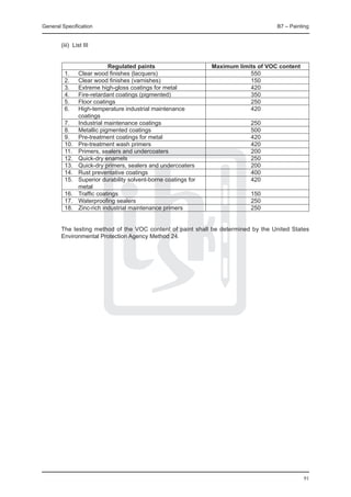 General Specification	                                                                 B7 – Painting


	       (iii) List III	


		                          Regulated paints			                   Maximum limits of VOC content
	  1.	          Clear wood finishes (lacquers)	                               550
	  2.	          Clear wood finishes (varnishes)	                              150
	  3.	          Extreme high-gloss coatings for metal 	                       420
	  4.	          Fire-retardant coatings (pigmented) 	                         350
	  5.	          Floor coatings 	                                              250
	  6.	          High-temperature industrial maintenance	                      420
		              coatings	
	  7.	          Industrial maintenance coatings 	                             250
	  8.	          Metallic pigmented coatings 	                                 500
	  9.	          Pre-treatment coatings for metal 	                            420
	  10.	         Pre-treatment wash primers 	                                  420
	  11.	         Primers, sealers and undercoaters 	                           200
	  12.	         Quick-dry enamels 	                                           250
	  13.	         Quick-dry primers, sealers and undercoaters	                  200
	  14.	         Rust preventative coatings 	                                  400
	  15.	         Superior durability solvent-borne coatings for	               420
		              metal	
	  16.	         Traffic coatings	                                             150
	  17.	         Waterproofing sealers	                                        250
	  18.	         Zinc-rich industrial maintenance primers 	                    250


	       The testing method of the VOC content of paint shall be determined by the United States
        Environmental Protection Agency Method 24.




                                                                                                  91
 