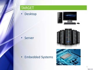 TARGET
• Desktop
• Server
• Embedded Systems
5
 