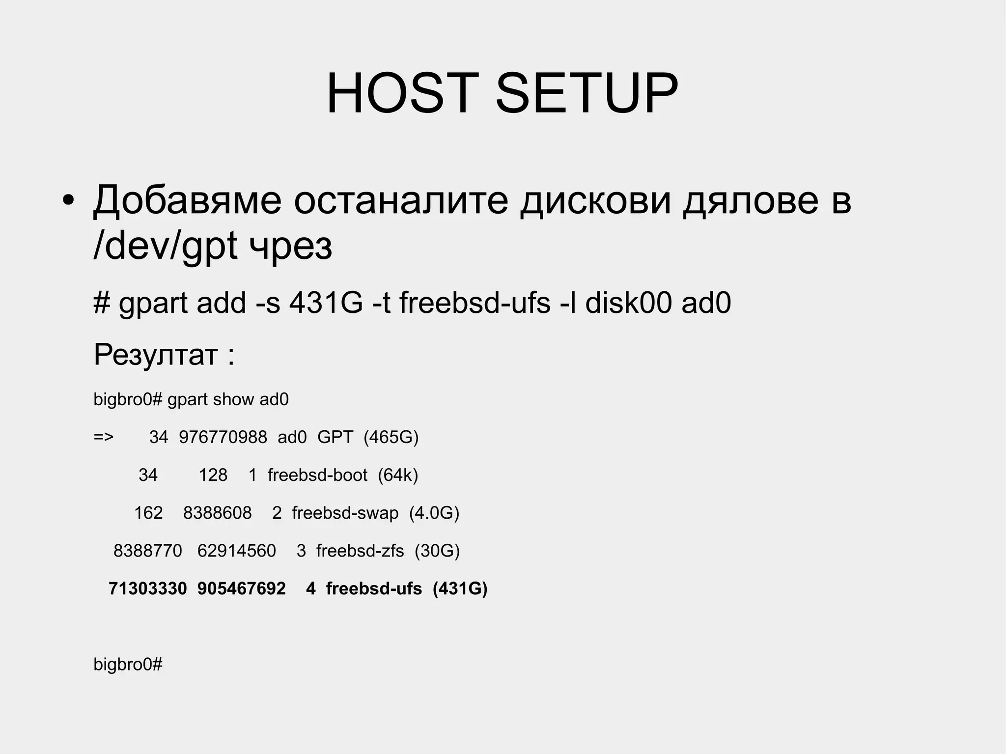 HOST SETUP
●   Добавяме останалите дискови дялове в
    /dev/gpt чрез
    # gpart add -s 431G -t freebsd-ufs -l disk00 ad0
    Резултат :
    bigbro0# gpart show ad0

    =>    34 976770988 ad0 GPT (465G)

         34     128   1 freebsd-boot (64k)

         162   8388608   2 freebsd-swap (4.0G)

      8388770 62914560        3 freebsd-zfs (30G)

     71303330 905467692        4 freebsd-ufs (431G)



    bigbro0#
 