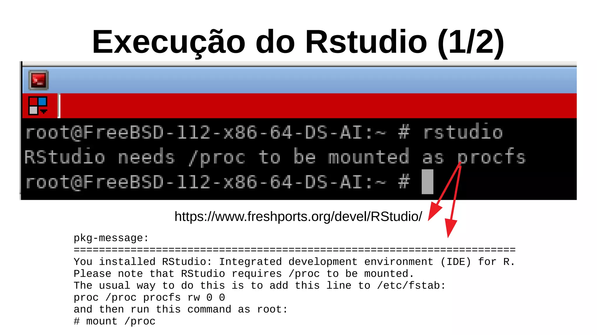 Execução do Rstudio (1/2)
https://www.freshports.org/devel/RStudio/
pkg-message:
======================================================================
You installed RStudio: Integrated development environment (IDE) for R.
Please note that RStudio requires /proc to be mounted.
The usual way to do this is to add this line to /etc/fstab:
proc /proc procfs rw 0 0
and then run this command as root:
# mount /proc
 
