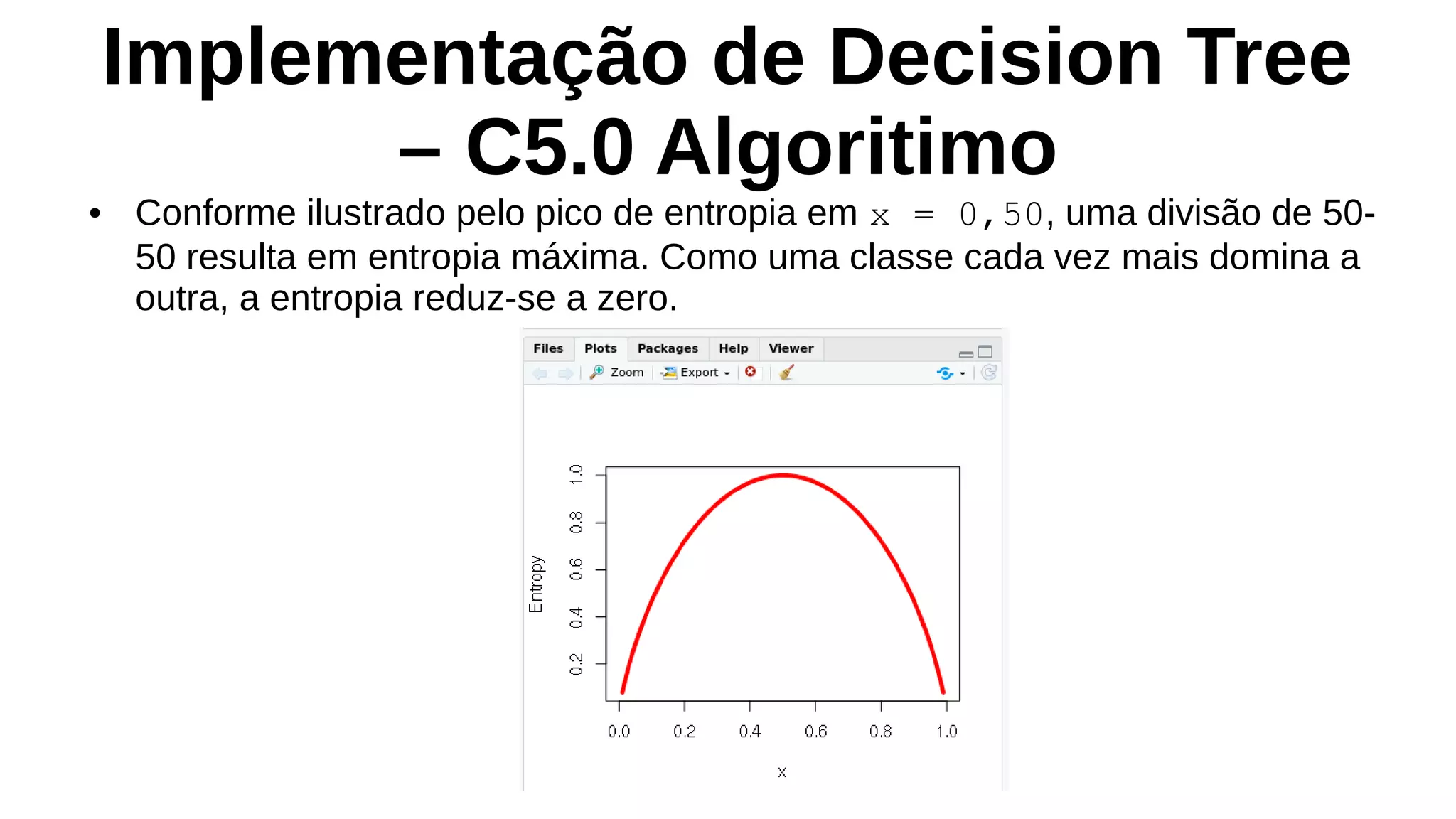 Implementação de Decision Tree
– C5.0 Algoritimo
● Conforme ilustrado pelo pico de entropia em x = 0,50, uma divisão de 50-
50 resulta em entropia máxima. Como uma classe cada vez mais domina a
outra, a entropia reduz-se a zero.
 