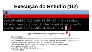 Execução do Rstudio (1/2)
https://www.freshports.org/devel/RStudio/
pkg-message:
======================================================================
You installed RStudio: Integrated development environment (IDE) for R.
Please note that RStudio requires /proc to be mounted.
The usual way to do this is to add this line to /etc/fstab:
proc /proc procfs rw 0 0
and then run this command as root:
# mount /proc
 