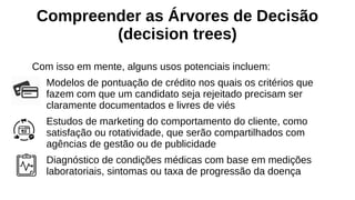 Compreender as Árvores de Decisão
(decision trees)
Com isso em mente, alguns usos potenciais incluem:
Modelos de pontuação de crédito nos quais os critérios que
fazem com que um candidato seja rejeitado precisam ser
claramente documentados e livres de viés
Estudos de marketing do comportamento do cliente, como
satisfação ou rotatividade, que serão compartilhados com
agências de gestão ou de publicidade
Diagnóstico de condições médicas com base em medições
laboratoriais, sintomas ou taxa de progressão da doença
 
