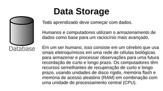 Data Storage
Todo aprendizado deve começar com dados.
Humanos e computadores utilizam o armazenamento de
dados como base para um raciocínio mais avançado.
Em um ser humano, isso consiste em um cérebro que usa
sinais eletroquímicos em uma rede de células biológicas
para armazenar e processar observações para uma futura
recordação de curto e longo prazo. Os computadores têm
recursos semelhantes de recuperação de curto e longo
prazo, usando unidades de disco rígido, memória flash e
memória de acesso aleatório (RAM) em combinação com
uma unidade de processamento central (CPU).
 