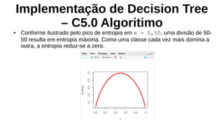 Implementação de Decision Tree
– C5.0 Algoritimo
● Conforme ilustrado pelo pico de entropia em x = 0,50, uma divisão de 50-
50 resulta em entropia máxima. Como uma classe cada vez mais domina a
outra, a entropia reduz-se a zero.
 