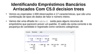 Identificando Empréstimos Bancários
Arriscados Com C5.0 decision trees
●
Vemos as esperadas 1.000 observações e 17 características, que são uma
combinação de tipos de dados de fator e número inteiro.
● Vamos dar uma olhada no table() saída para alguns recursos de
empréstimo que parecem prever um padrão. O saldo da conta corrente e da
poupança do candidato é registrado como variáveis categóricas:
 