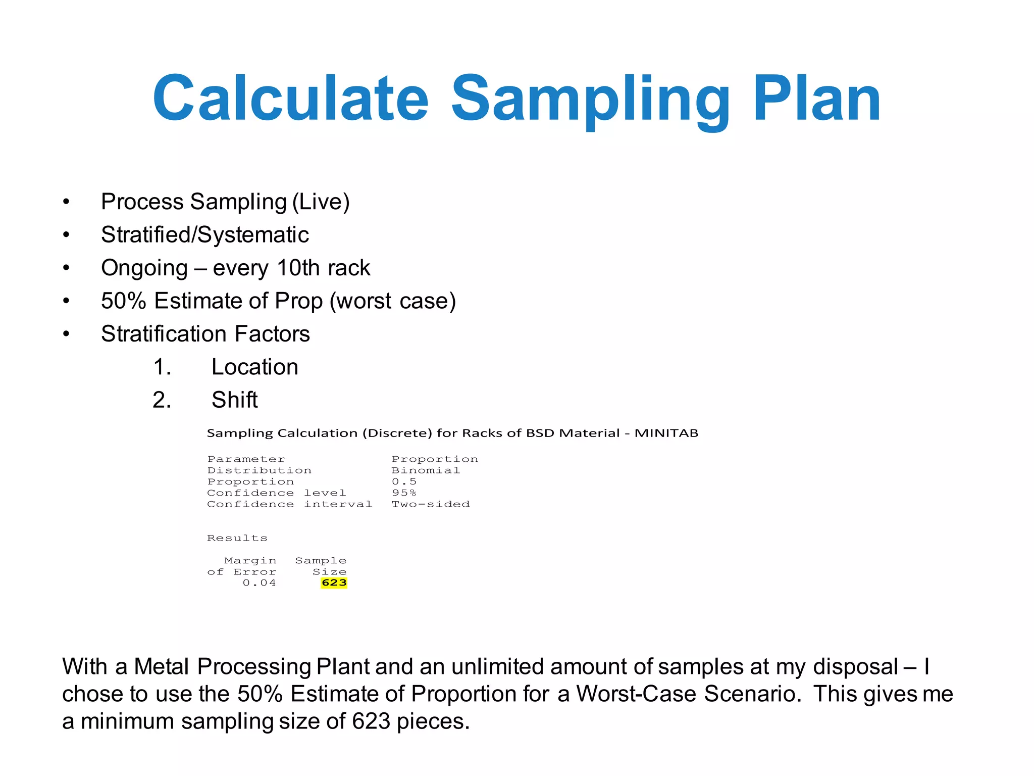 Calculate Sampling Plan
• Process Sampling (Live)
• Stratified/Systematic
• Ongoing – every 10th rack
• 50% Estimate of Prop (worst case)
• Stratification Factors
1. Location
2. Shift
Sampling	Calculation	(Discrete)	for	Racks	of	BSD	Material	-	MINITAB	
Parameter Proportion
Distribution Binomial
Proportion 0.5
Confidence level 95%
Confidence interval Two-sided
Results
Margin Sample
of Error Size
0.04 623
	
	
With a Metal Processing Plant and an unlimited amount of samples at my disposal – I
chose to use the 50% Estimate of Proportion for a Worst-Case Scenario. This gives me
a minimum sampling size of 623 pieces.
 