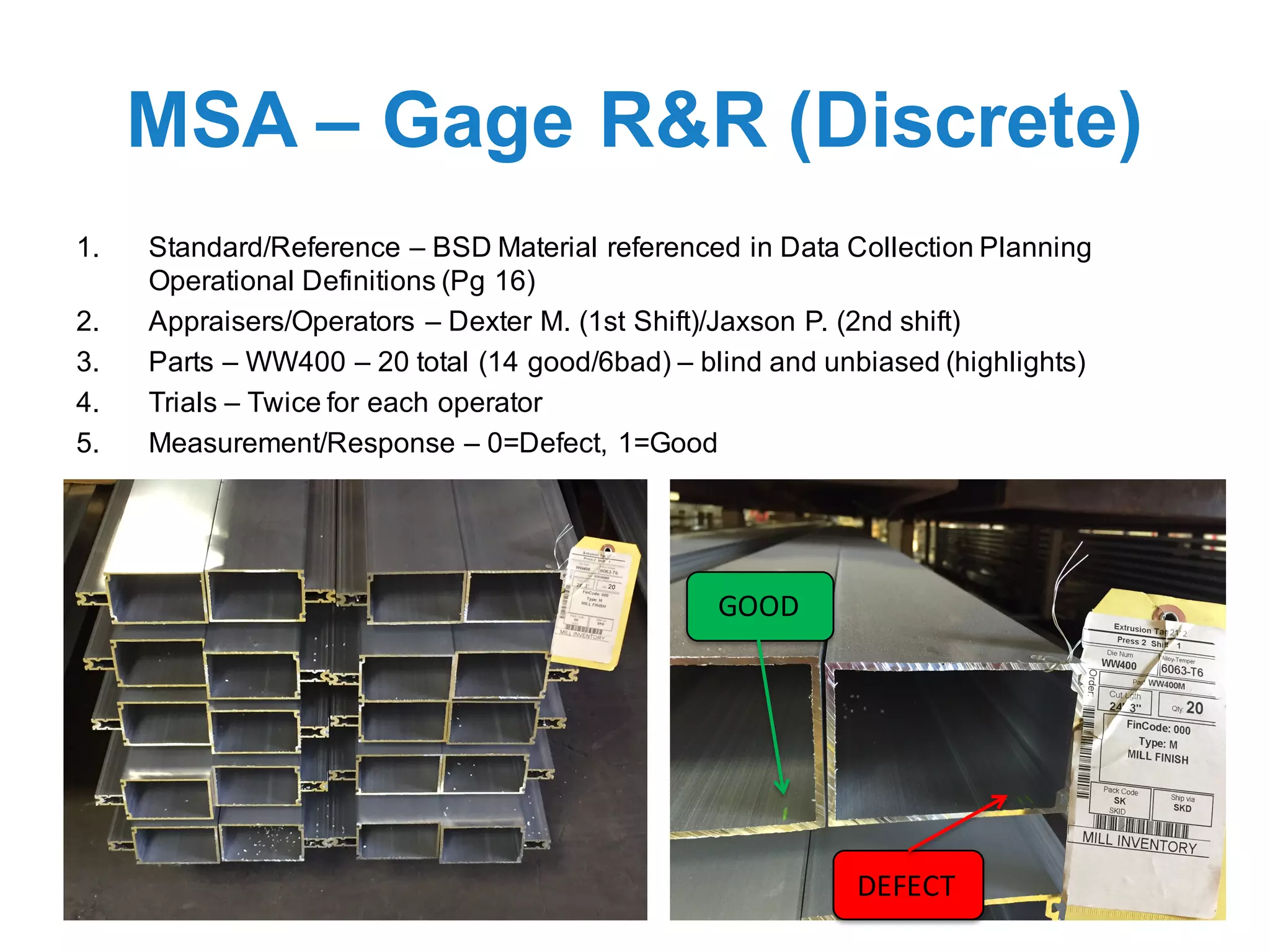 MSA – Gage R&R (Discrete)
1. Standard/Reference – BSD Material referenced in Data Collection Planning
Operational Definitions (Pg 16)
2. Appraisers/Operators – Dexter M. (1st Shift)/Jaxson P. (2nd shift)
3. Parts – WW400 – 20 total (14 good/6bad) – blind and unbiased (highlights)
4. Trials – Twice for each operator
5. Measurement/Response – 0=Defect, 1=Good
GOOD
DEFECT
 