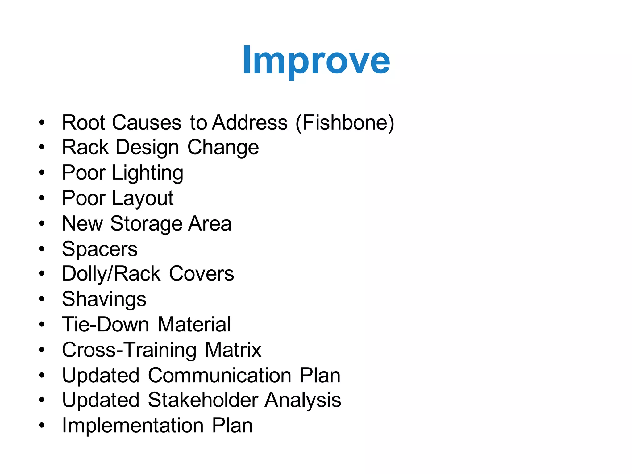 Improve
• Root Causes to Address (Fishbone)
• Rack Design Change
• Poor Lighting
• Poor Layout
• New Storage Area
• Spacers
• Dolly/Rack Covers
• Shavings
• Tie-Down Material
• Cross-Training Matrix
• Updated Communication Plan
• Updated Stakeholder Analysis
• Implementation Plan
 