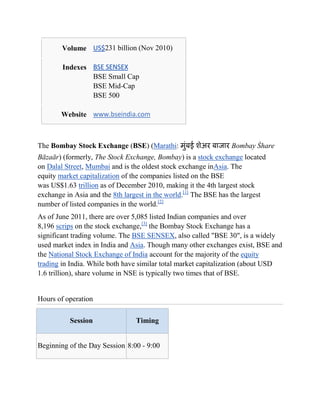 Volume US$231 billion (Nov 2010)

        Indexes BSE SENSEX
                BSE Small Cap
                BSE Mid-Cap
                BSE 500

       Website www.bseindia.com



The Bombay Stock Exchange (BSE) (Marathi:                        Bombay Śhare
Bāzaār) (formerly, The Stock Exchange, Bombay) is a stock exchange located
on Dalal Street, Mumbai and is the oldest stock exchange inAsia. The
equity market capitalization of the companies listed on the BSE
was US$1.63 trillion as of December 2010, making it the 4th largest stock
exchange in Asia and the 8th largest in the world.[1] The BSE has the largest
number of listed companies in the world.[2]
As of June 2011, there are over 5,085 listed Indian companies and over
8,196 scrips on the stock exchange,[3] the Bombay Stock Exchange has a
significant trading volume. The BSE SENSEX, also called "BSE 30", is a widely
used market index in India and Asia. Though many other exchanges exist, BSE and
the National Stock Exchange of India account for the majority of the equity
trading in India. While both have similar total market capitalization (about USD
1.6 trillion), share volume in NSE is typically two times that of BSE.


Hours of operation

          Session                Timing


Beginning of the Day Session 8:00 - 9:00
 