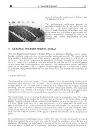 A. RAMAKR
cove
1.5 1
The
centr
balco
anne
party
elect
cooli
audit
3. AIR HANGAR FOR INDIAN AIRLINES, BO
The new Engineering Complex of Indian Airlin
hangar which is being extended to accommod
long cantilever folded plate roof of the hanga
structure. There was a requirement for expan
aircraft. Hence the cantilever scheme was ch
which hinder free lateral expansion are requir
available for the aircraft is 12,000 sq.m in the e
is added within the füll w
 