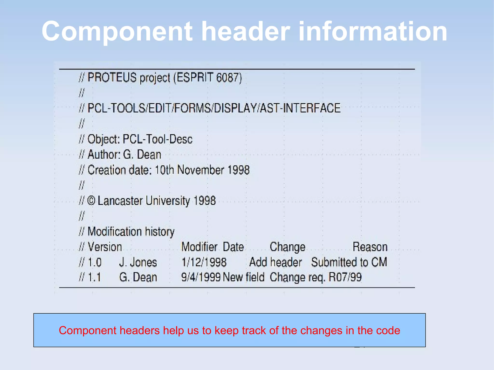 Component header information 
Component headers help us to keep track of the changes in the code 
24 
 