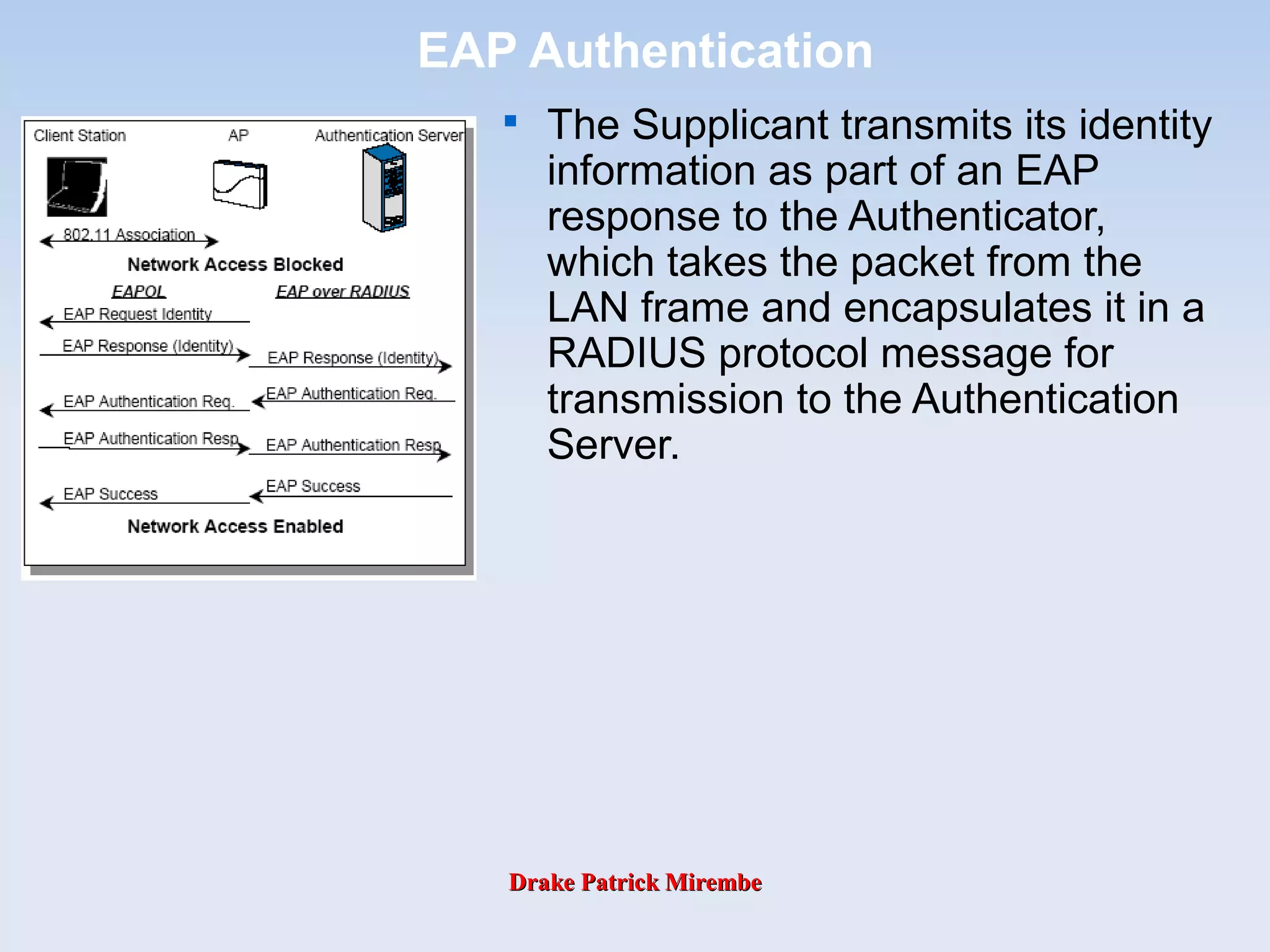 Drake Patrick MirembeDrake Patrick Mirembe
EAP Authentication

The Supplicant transmits its identity
information as part of an EAP
response to the Authenticator,
which takes the packet from the
LAN frame and encapsulates it in a
RADIUS protocol message for
transmission to the Authentication
Server.
 