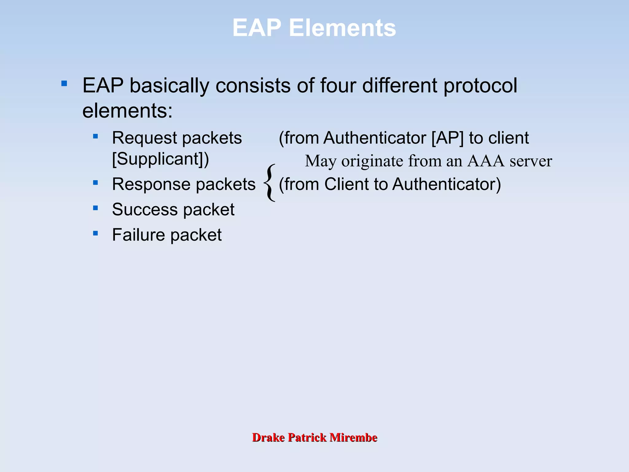 Drake Patrick MirembeDrake Patrick Mirembe
EAP Elements

EAP basically consists of four different protocol
elements:

Request packets (from Authenticator [AP] to client
[Supplicant])

Response packets (from Client to Authenticator)

Success packet

Failure packet
May originate from an AAA server
{
 