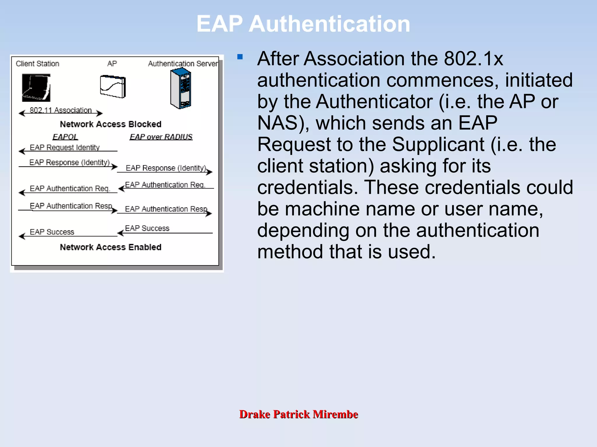 Drake Patrick MirembeDrake Patrick Mirembe
EAP Authentication

After Association the 802.1x
authentication commences, initiated
by the Authenticator (i.e. the AP or
NAS), which sends an EAP
Request to the Supplicant (i.e. the
client station) asking for its
credentials. These credentials could
be machine name or user name,
depending on the authentication
method that is used.
 