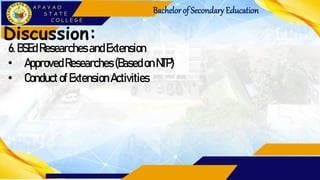 Bachelorof Secondary Education
Discussion:
6. BSEd Researches andExtension
• ApprovedResearches (Based onNTP)
• ConductofExtension Activities
 