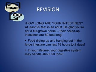 REVISION
•HOW LONG ARE YOUR INTESTINES?
At least 25 feet in an adult. Be glad you're
not a full-grown horse -- their coiled-up
intestines are 89 feet long!
• Food drying up and hanging out in the
large intestine can last 18 hours to 2 days!
• In your lifetime, your digestive system
may handle about 50 tons!!
 