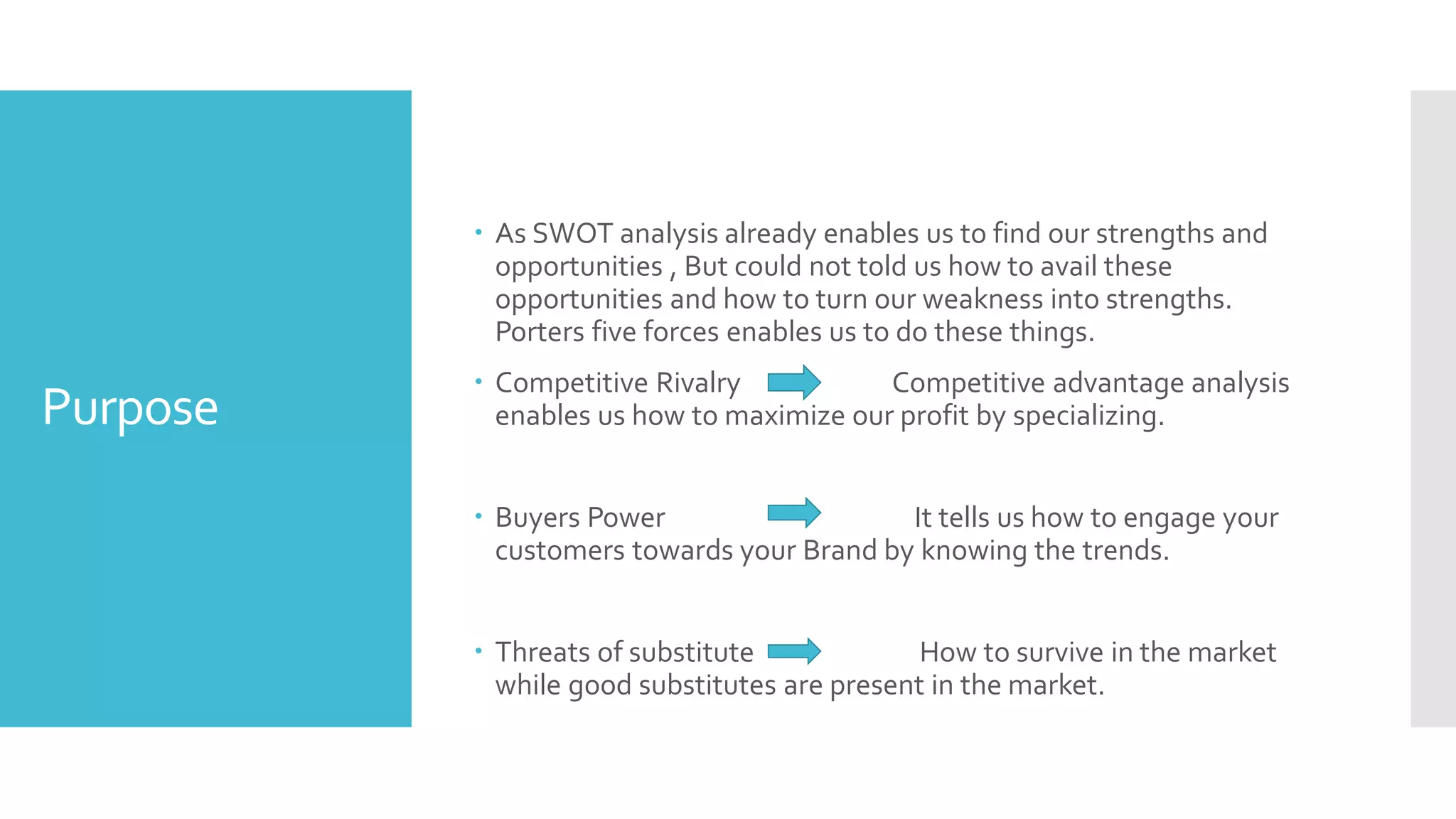Purpose
 As SWOT analysis already enables us to find our strengths and
opportunities , But could not told us how to avail these
opportunities and how to turn our weakness into strengths.
Porters five forces enables us to do these things.
 Competitive Rivalry Competitive advantage analysis
enables us how to maximize our profit by specializing.
 Buyers Power It tells us how to engage your
customers towards your Brand by knowing the trends.
 Threats of substitute How to survive in the market
while good substitutes are present in the market.
 