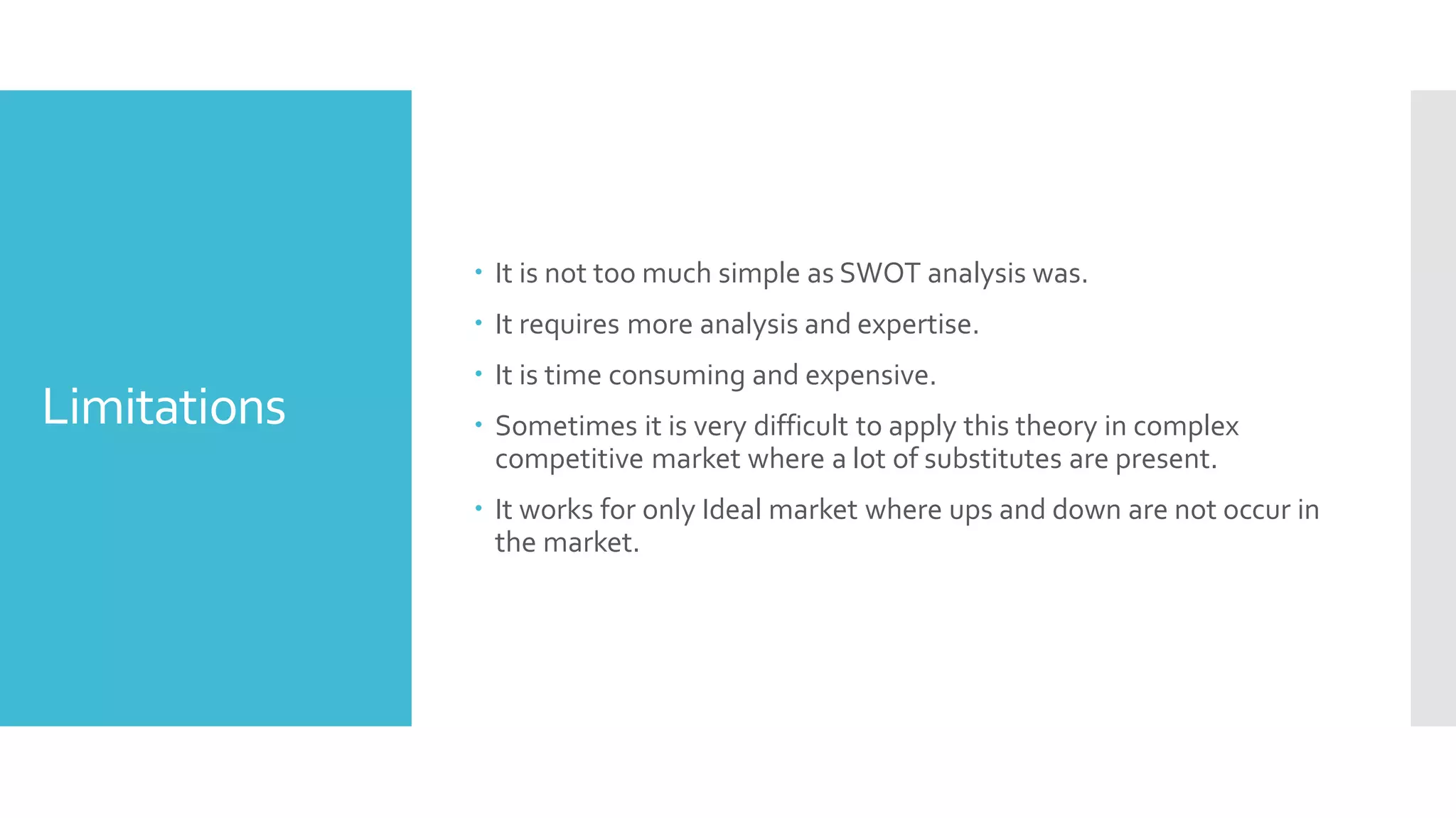 Limitations
 It is not too much simple as SWOT analysis was.
 It requires more analysis and expertise.
 It is time consuming and expensive.
 Sometimes it is very difficult to apply this theory in complex
competitive market where a lot of substitutes are present.
 It works for only Ideal market where ups and down are not occur in
the market.
 