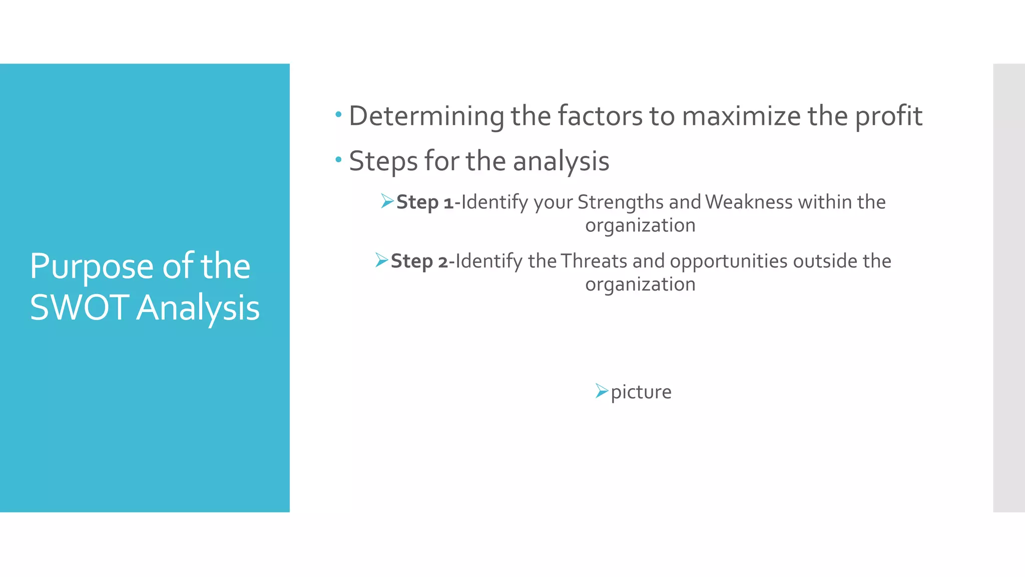 Purpose of the
SWOTAnalysis
 Determining the factors to maximize the profit
 Steps for the analysis
Step 1-Identify your Strengths andWeakness within the
organization
Step 2-Identify theThreats and opportunities outside the
organization
picture
 