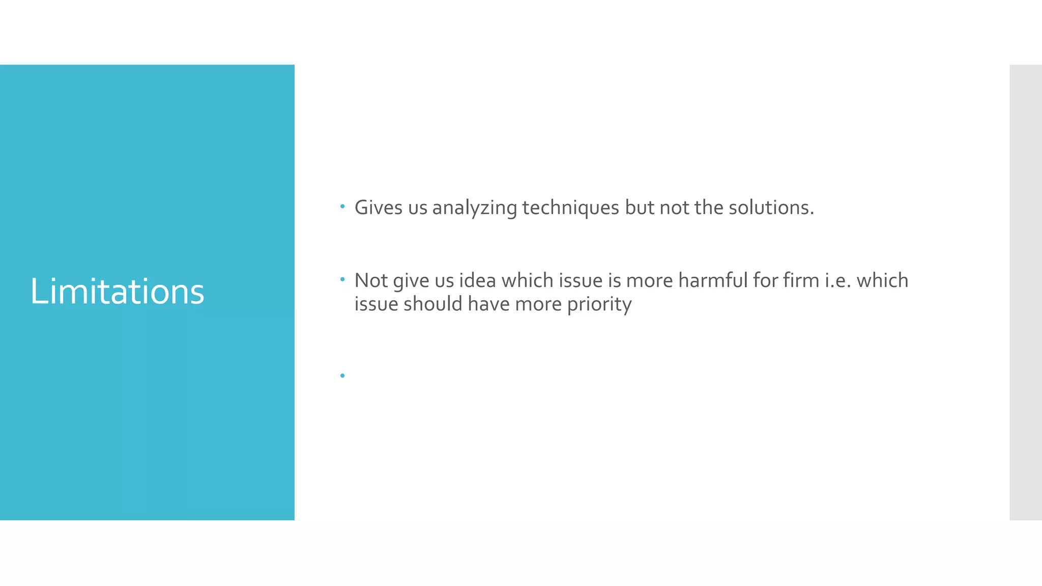 Limitations
 Gives us analyzing techniques but not the solutions.
 Not give us idea which issue is more harmful for firm i.e. which
issue should have more priority

 