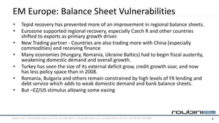 EM Europe: Balance Sheet Vulnerabilities
 •      Tepid recovery has prevented more of an improvement in regional balance sheets.
 •      Eurozone supported regional recovery, especially Czech R and other countries
        shifted to exports as primary growth driver.
 •      New Trading partner - Countries are also trading more with China (especially
        commodities) and receiving finance
 •      Many economies (Hungary, Romania, Ukraine Baltics) had to begin fiscal austerity,
        weakening domestic demand and overall growth.
 •      Turkey has seen the size of its external deficit grow, credit growth soar, and now
        has less policy space than in 2008.
 •      Romania, Bulgaria and others remain constrained by high levels of FX lending and
        debt service which adds to weak domestic demand and bank balance sheets.
 •      But –EZ/US stimulus allowing some easing



roubini.com | americas@roubini.com Tel: 212.645.0010 | europe@roubini.com / asia@roubini.com Tel: +44 (0) 207 420 2800   5
 