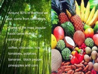 •Around 80% of the food we
eat, came from rainforests.
•Some of the most popular
foods came from the
rainforest:
coffee, chocolate, rice,
tomatoes, potatoes,
bananas, black pepper,
pineapples and corn.
 