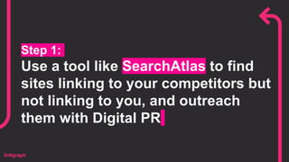Step 1:
Use a tool like SearchAtlas to find
sites linking to your competitors but
not linking to you, and outreach
them with Digital PR
 
