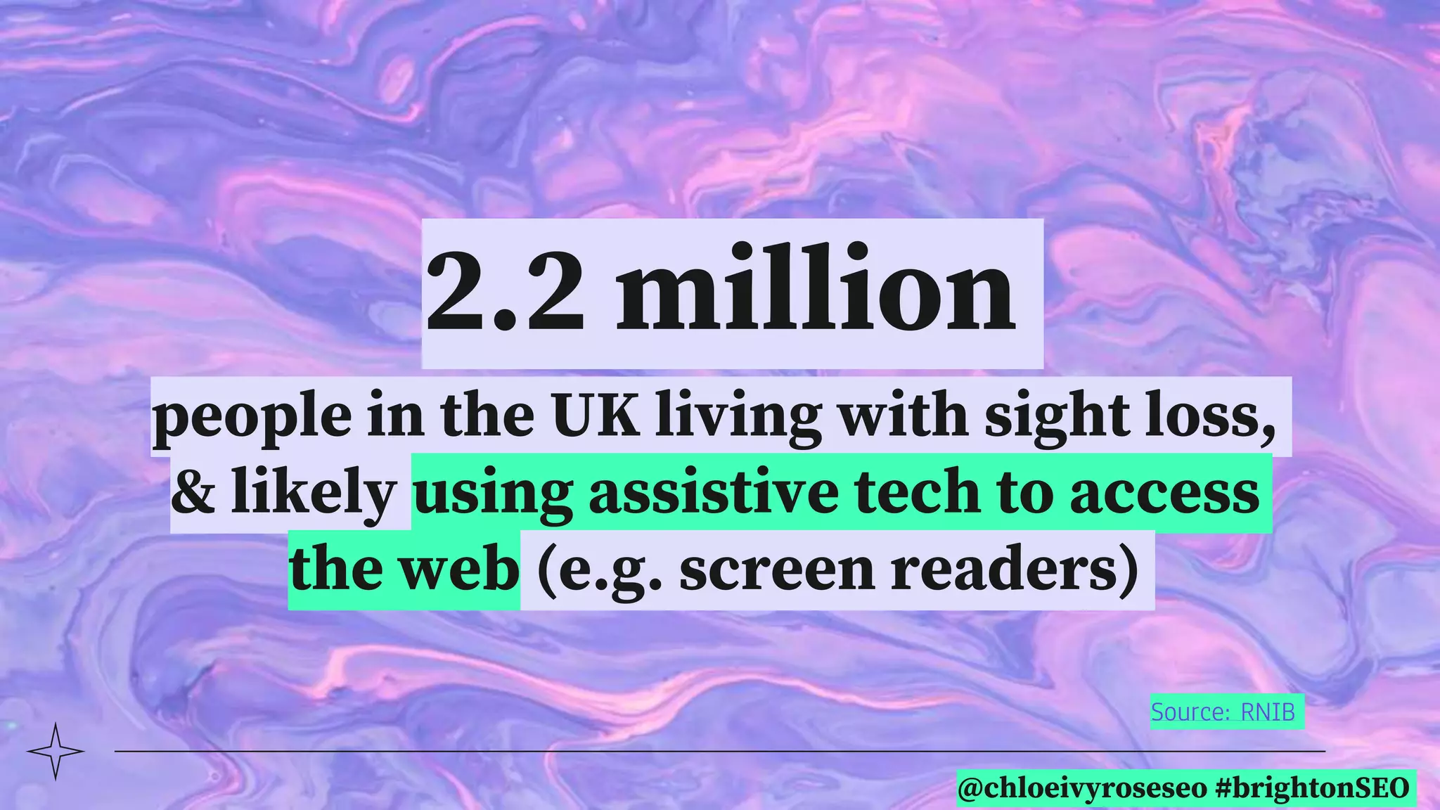 @chloeivyroseseo #brightonSEO
people in the UK living with sight loss,
& likely using assistive tech to access
the web (e.g. screen readers)
Source: RNIB
2.2 million
 