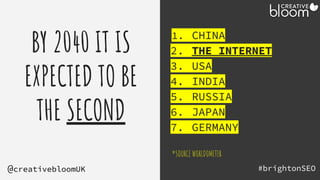 BY 2040 IT IS
EXPECTED TO BE
THE SECOND
1. CHINA
2. THE INTERNET
3. USA
4. INDIA
5. RUSSIA
6. JAPAN
7. GERMANY
*SOURCE WORLDOMETER
#brightonSEO
@creativebloomUK
 