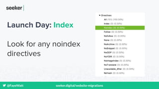 @FayeWatt seeker.digital/website-migrations
Launch Day: Index
Look for any noindex
directives
 