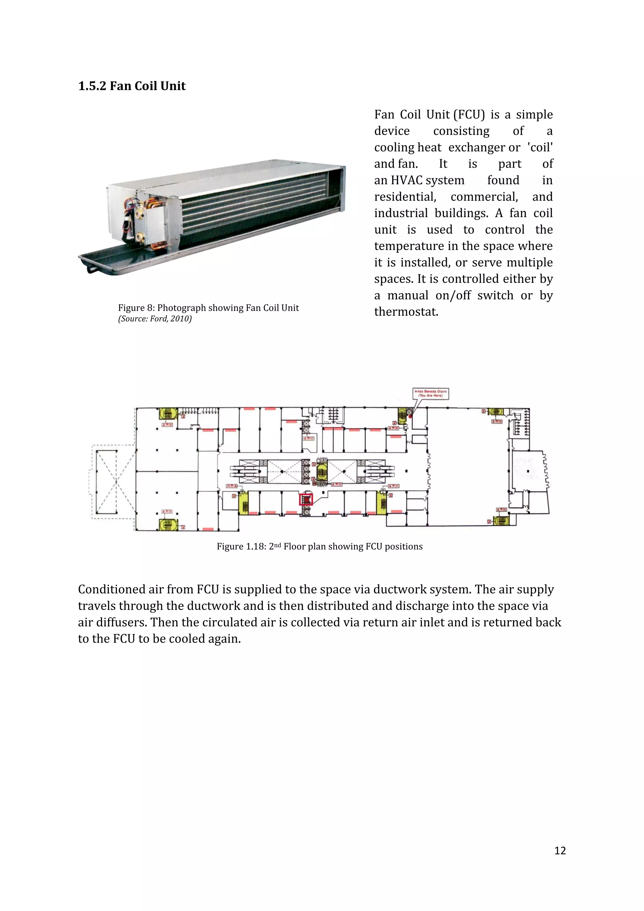 12
1.5.2 Fan Coil Unit
Conditioned air from FCU is supplied to the space via ductwork system. The air supply
travels through the ductwork and is then distributed and discharge into the space via
air diffusers. Then the circulated air is collected via return air inlet and is returned back
to the FCU to be cooled again.
Fan Coil Unit (FCU) is a simple
device consisting of a
cooling heat exchanger or 'coil'
and fan. It is part of
an HVAC system found in
residential, commercial, and
industrial buildings. A fan coil
unit is used to control the
temperature in the space where
it is installed, or serve multiple
spaces. It is controlled either by
a manual on/off switch or by
thermostat.
Figure 1.18: 2nd Floor plan showing FCU positions
Figure 8: Photograph showing Fan Coil Unit
(Source: Ford, 2010)
 