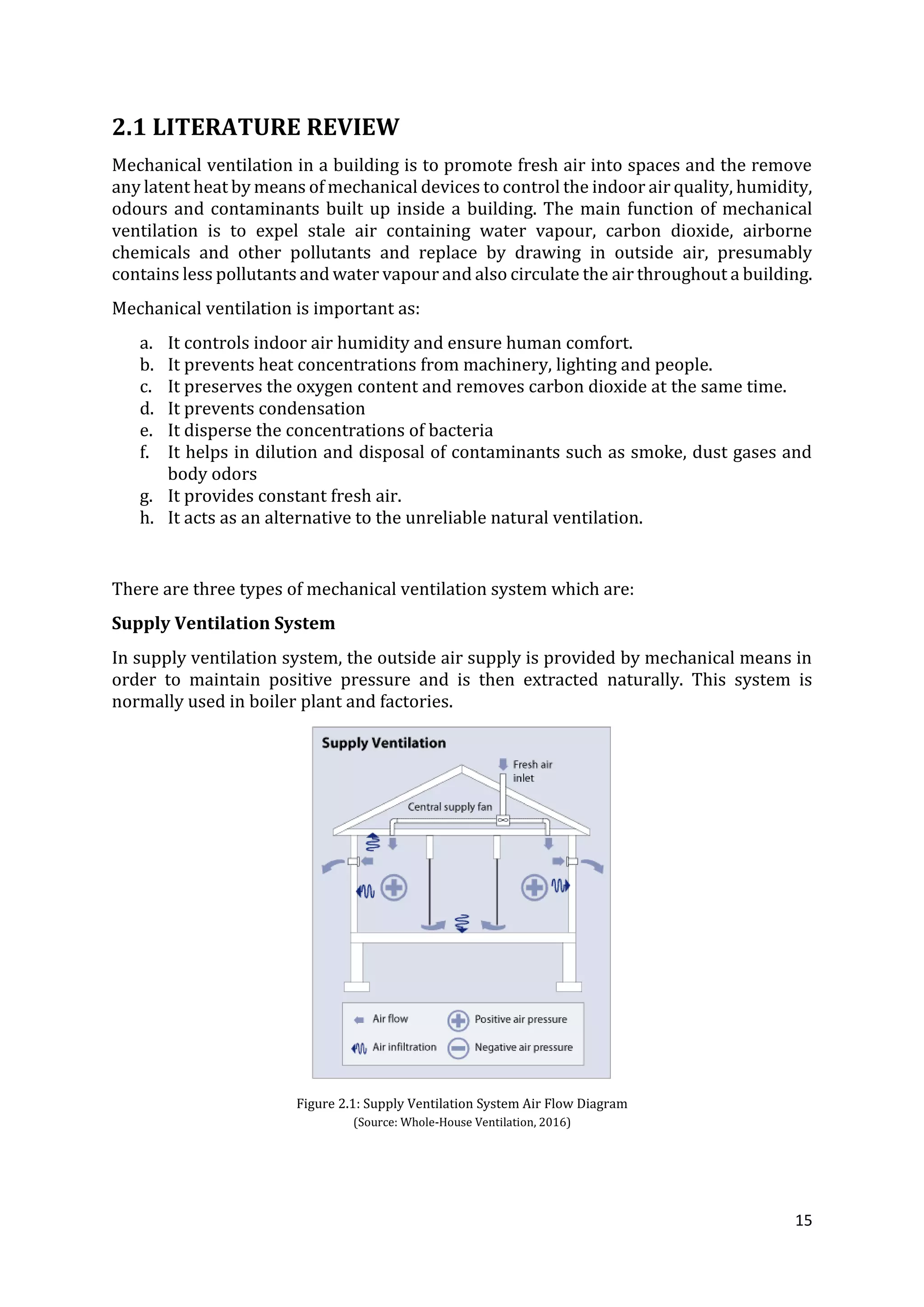 15
2.1 LITERATURE REVIEW
Mechanical ventilation in a building is to promote fresh air into spaces and the remove
any latent heat by means of mechanical devices to control the indoor air quality, humidity,
odours and contaminants built up inside a building. The main function of mechanical
ventilation is to expel stale air containing water vapour, carbon dioxide, airborne
chemicals and other pollutants and replace by drawing in outside air, presumably
contains less pollutants and water vapour and also circulate the air throughout a building.
Mechanical ventilation is important as:
a. It controls indoor air humidity and ensure human comfort.
b. It prevents heat concentrations from machinery, lighting and people.
c. It preserves the oxygen content and removes carbon dioxide at the same time.
d. It prevents condensation
e. It disperse the concentrations of bacteria
f. It helps in dilution and disposal of contaminants such as smoke, dust gases and
body odors
g. It provides constant fresh air.
h. It acts as an alternative to the unreliable natural ventilation.
There are three types of mechanical ventilation system which are:
Supply Ventilation System
In supply ventilation system, the outside air supply is provided by mechanical means in
order to maintain positive pressure and is then extracted naturally. This system is
normally used in boiler plant and factories.
Figure 2.1: Supply Ventilation System Air Flow Diagram
(Source: Whole-House Ventilation, 2016)
 