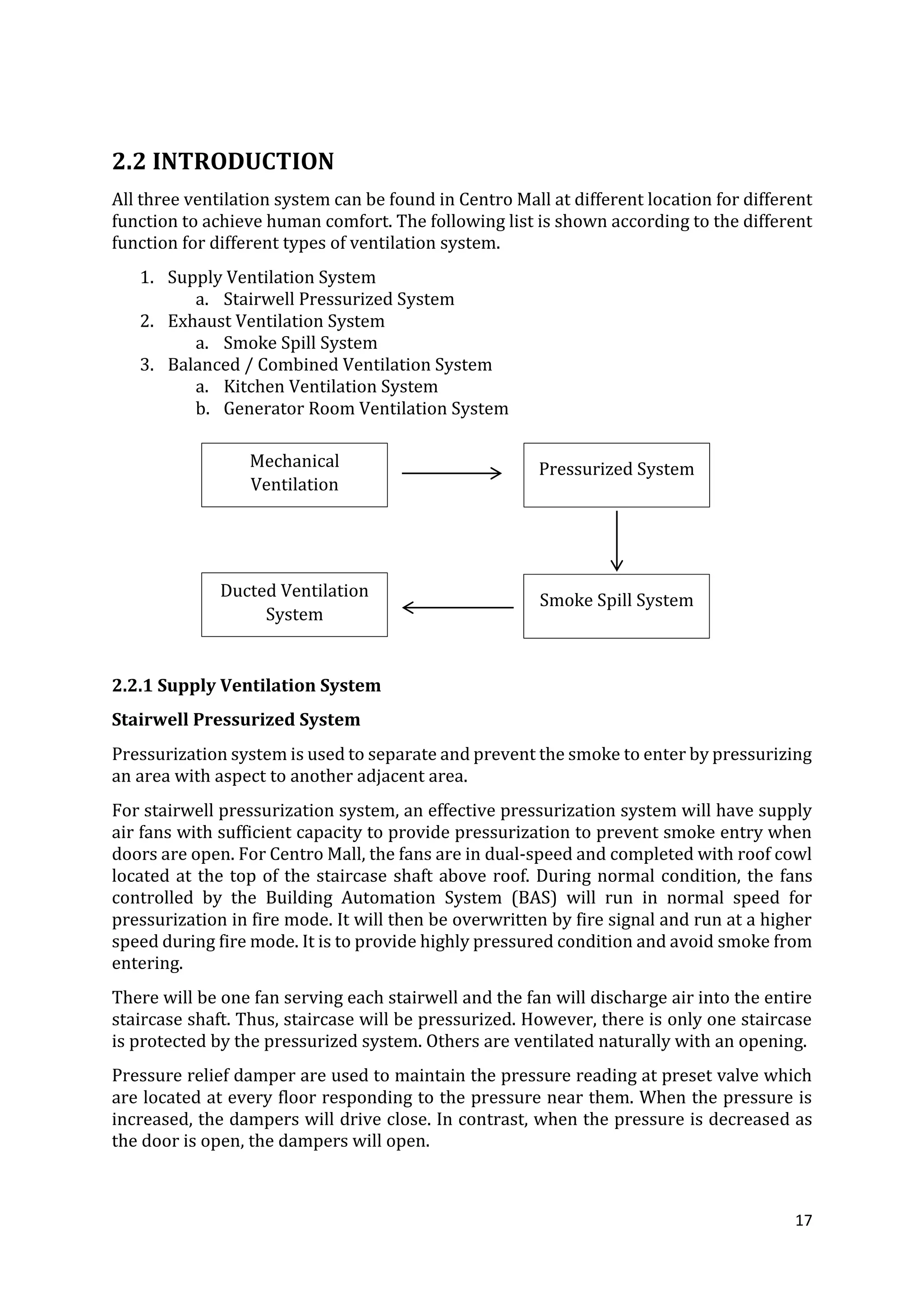17
2.2 INTRODUCTION
All three ventilation system can be found in Centro Mall at different location for different
function to achieve human comfort. The following list is shown according to the different
function for different types of ventilation system.
1. Supply Ventilation System
a. Stairwell Pressurized System
2. Exhaust Ventilation System
a. Smoke Spill System
3. Balanced / Combined Ventilation System
a. Kitchen Ventilation System
b. Generator Room Ventilation System
2.2.1 Supply Ventilation System
Stairwell Pressurized System
Pressurization system is used to separate and prevent the smoke to enter by pressurizing
an area with aspect to another adjacent area.
For stairwell pressurization system, an effective pressurization system will have supply
air fans with sufficient capacity to provide pressurization to prevent smoke entry when
doors are open. For Centro Mall, the fans are in dual-speed and completed with roof cowl
located at the top of the staircase shaft above roof. During normal condition, the fans
controlled by the Building Automation System (BAS) will run in normal speed for
pressurization in fire mode. It will then be overwritten by fire signal and run at a higher
speed during fire mode. It is to provide highly pressured condition and avoid smoke from
entering.
There will be one fan serving each stairwell and the fan will discharge air into the entire
staircase shaft. Thus, staircase will be pressurized. However, there is only one staircase
is protected by the pressurized system. Others are ventilated naturally with an opening.
Pressure relief damper are used to maintain the pressure reading at preset valve which
are located at every floor responding to the pressure near them. When the pressure is
increased, the dampers will drive close. In contrast, when the pressure is decreased as
the door is open, the dampers will open.
Mechanical
Ventilation
Pressurized System
Smoke Spill System
Ducted Ventilation
System
 