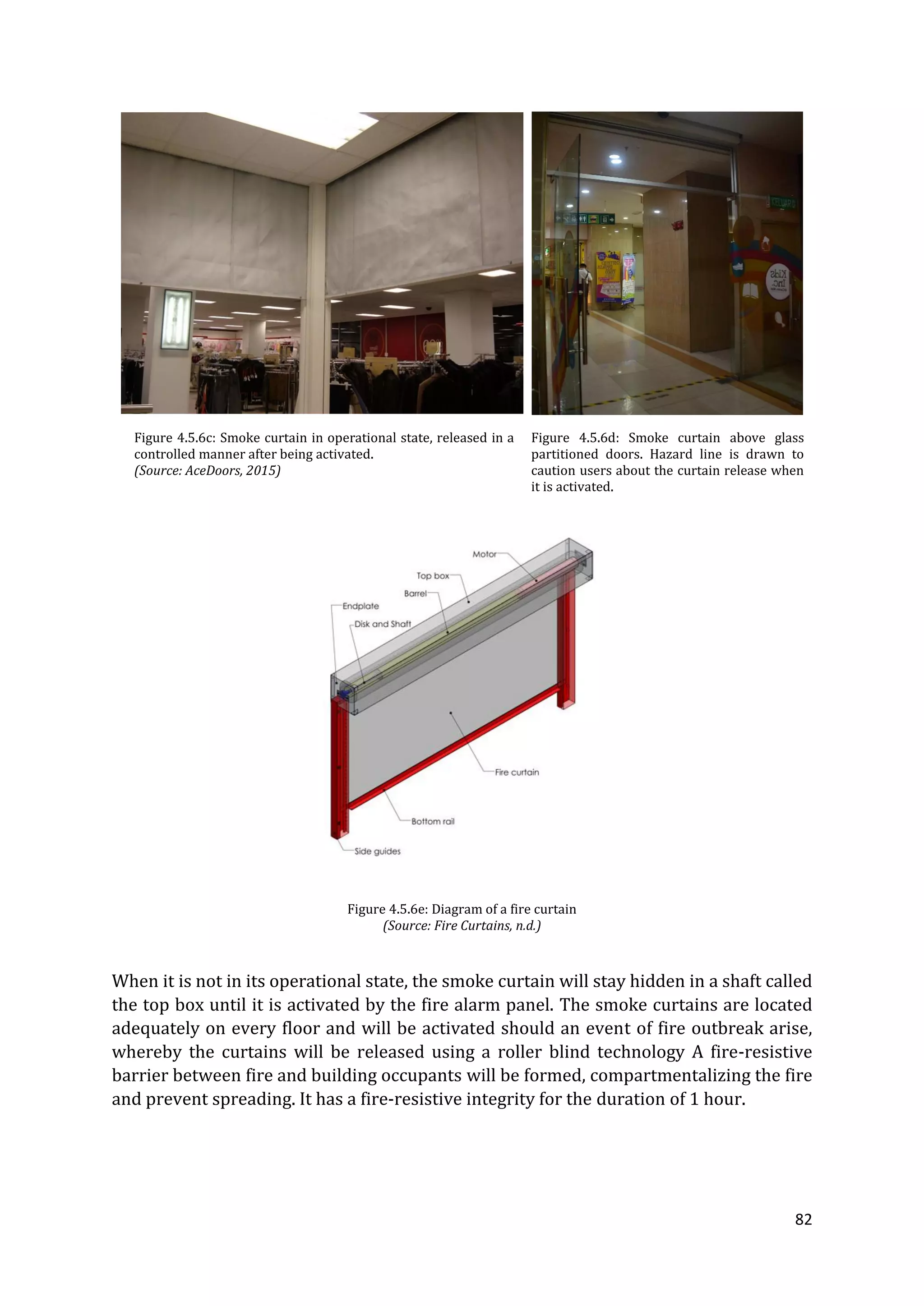 82
Figure 4.5.6c: Smoke curtain in operational state, released in a
controlled manner after being activated.
(Source: AceDoors, 2015)
Figure 4.5.6d: Smoke curtain above glass
partitioned doors. Hazard line is drawn to
caution users about the curtain release when
it is activated.
Figure 4.5.6e: Diagram of a fire curtain
(Source: Fire Curtains, n.d.)
When it is not in its operational state, the smoke curtain will stay hidden in a shaft called
the top box until it is activated by the fire alarm panel. The smoke curtains are located
adequately on every floor and will be activated should an event of fire outbreak arise,
whereby the curtains will be released using a roller blind technology A fire-resistive
barrier between fire and building occupants will be formed, compartmentalizing the fire
and prevent spreading. It has a fire-resistive integrity for the duration of 1 hour.
 