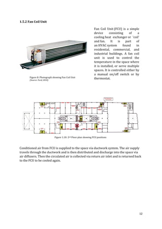 12
1.5.2 Fan Coil Unit
Conditioned air from FCU is supplied to the space via ductwork system. The air supply
travels through the ductwork and is then distributed and discharge into the space via
air diffusers. Then the circulated air is collected via return air inlet and is returned back
to the FCU to be cooled again.
Fan Coil Unit (FCU) is a simple
device consisting of a
cooling heat exchanger or 'coil'
and fan. It is part of
an HVAC system found in
residential, commercial, and
industrial buildings. A fan coil
unit is used to control the
temperature in the space where
it is installed, or serve multiple
spaces. It is controlled either by
a manual on/off switch or by
thermostat.
Figure 1.18: 2nd Floor plan showing FCU positions
Figure 8: Photograph showing Fan Coil Unit
(Source: Ford, 2010)
 