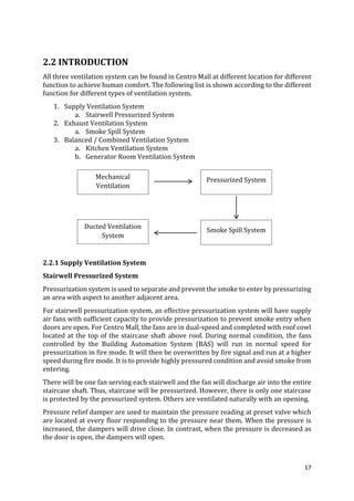 17
2.2 INTRODUCTION
All three ventilation system can be found in Centro Mall at different location for different
function to achieve human comfort. The following list is shown according to the different
function for different types of ventilation system.
1. Supply Ventilation System
a. Stairwell Pressurized System
2. Exhaust Ventilation System
a. Smoke Spill System
3. Balanced / Combined Ventilation System
a. Kitchen Ventilation System
b. Generator Room Ventilation System
2.2.1 Supply Ventilation System
Stairwell Pressurized System
Pressurization system is used to separate and prevent the smoke to enter by pressurizing
an area with aspect to another adjacent area.
For stairwell pressurization system, an effective pressurization system will have supply
air fans with sufficient capacity to provide pressurization to prevent smoke entry when
doors are open. For Centro Mall, the fans are in dual-speed and completed with roof cowl
located at the top of the staircase shaft above roof. During normal condition, the fans
controlled by the Building Automation System (BAS) will run in normal speed for
pressurization in fire mode. It will then be overwritten by fire signal and run at a higher
speed during fire mode. It is to provide highly pressured condition and avoid smoke from
entering.
There will be one fan serving each stairwell and the fan will discharge air into the entire
staircase shaft. Thus, staircase will be pressurized. However, there is only one staircase
is protected by the pressurized system. Others are ventilated naturally with an opening.
Pressure relief damper are used to maintain the pressure reading at preset valve which
are located at every floor responding to the pressure near them. When the pressure is
increased, the dampers will drive close. In contrast, when the pressure is decreased as
the door is open, the dampers will open.
Mechanical
Ventilation
Pressurized System
Smoke Spill System
Ducted Ventilation
System
 
