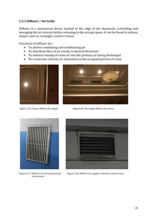 25
2.3.3 Diffuser / Air Grille
Diffuser is a mechanical device located at the edge of the ductwork, controlling and
managing the air velocity before releasing to the occupy space. It can be found in various
shapes such as rectangle, round or linear.
Functions of diffuser are:
 To deliver ventilating and conditioning air
 To distribute flow of air evenly in desired directions
 To enhance mixing of room air into the primary air being discharged
 To create low-velocity air movement in the occupied portion of room
Figure 2.25: Linear diffuser for supply Figure2.26: Rectangle diffuser for return
Figure 2.27: Diffuser for extracting smoke Figure 2.28: Diffuser for supply in elevator control room
in basement
 
