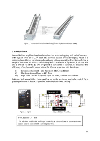 30
3.2 Introduction
Centro Mall is a neighbourhood mall that function as both shopping mall and office tower,
with highest level up to 32nd floor. The elevator system are under Sigma, which is a
respected provider of elevators and escalators with an unmatched heritage offering a
range of elevators, escalators, and moving walks. As shown in figure 6.6, 8 service lifts
and 1 fire lift out of the 10 lifts are placed in the centre of the mall. To maximize the
efficiency of mechanical transportation, the lifts are separated into 3 zonings:-
i) Low zone: Basement 1 and Basement 2 to Ground Floor
ii) Mid Zone: Ground floor to 11th floor
iii) High Zone: Ground floor directly to 2nd Floor, 2nd floor to 32nd floor
In Centro Mall, every lift has clear specification on the maximum load to be carried. Each
passenger lift can fit about 15 persons, and carry load up to 1025kg.
Figure 3.4 Escalator and Travelator Anatomy (Source: High Rise Industrial, 2014.)
Figure 3.6 First Floor Plan.Figure 3.5 Sigma.
UBBL Section 124 – Lift
For all non- residential buildings exceeding 4 storey above or below the main
access level at least one lift shall be provided.
Service Lift
Fireman’s Lift
Passenger Lift
i
I
n
C
e
n
t
r
o
M
a
l
l
,
ii
iii
 